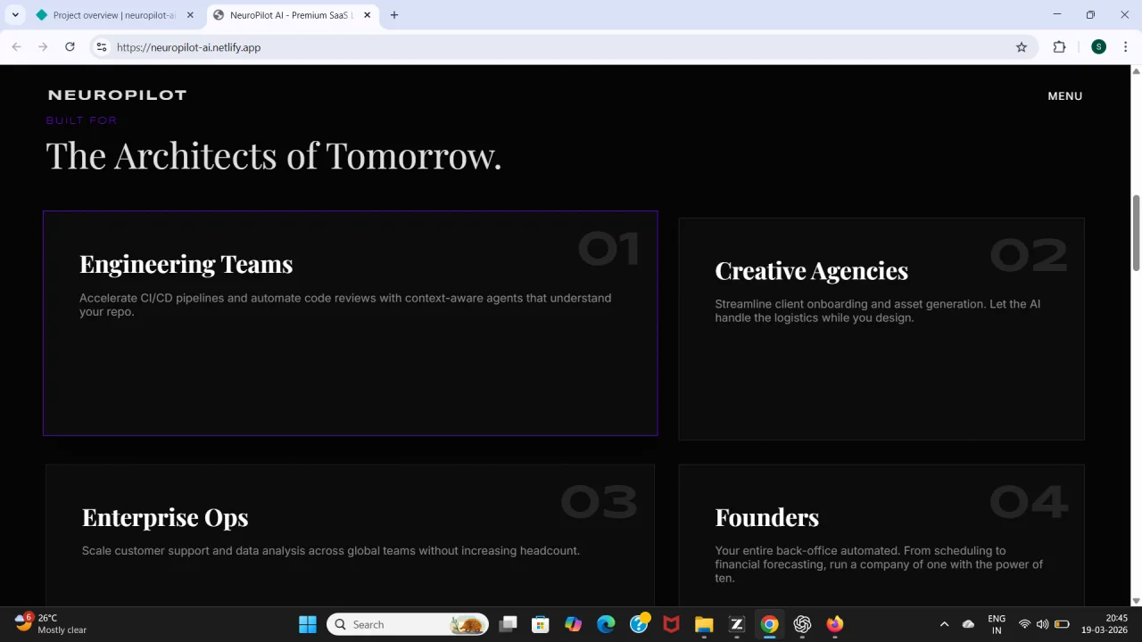 NeuroPilot Premium AI SaaS Landing Page (Dark UI + Interactive Chat + Fully Responsive) — screenshot 3