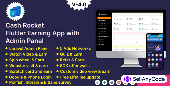 Cash Rocket Flutter Online Earning App with Admin Panel