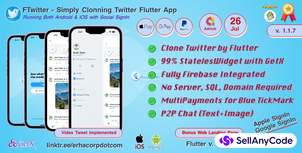 FTwitter - Clone Simply Twitter Flutter App with Multi Payments | Firestore | GetX