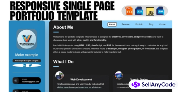 Responsive Single Page Portfolio Website Template | HTML, CSS, JavaScript, PHP